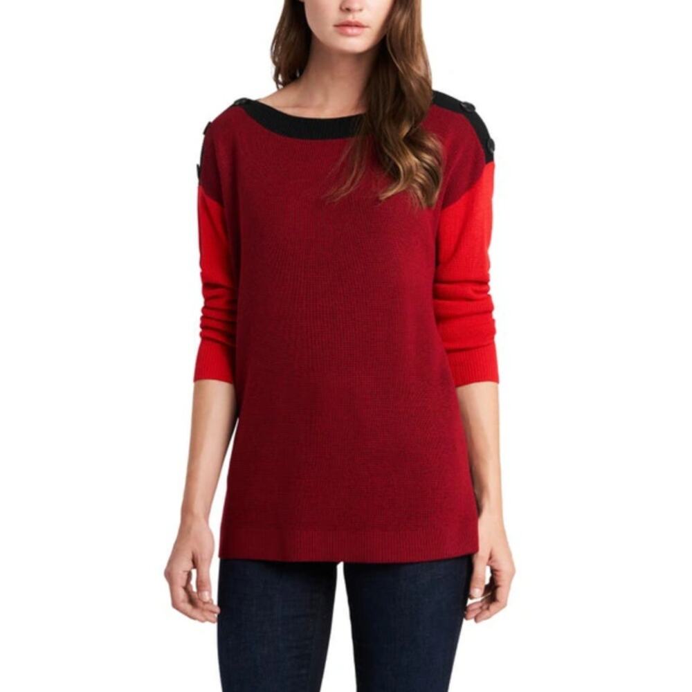 VINCE CAMUTO Womens Pullover Sweater XS Deep Red Button Shoulder Colorblock NWT